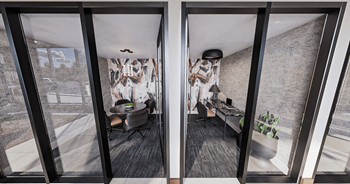 three views of a living room from three tall glass windows at The Mera, St Louis Park Minnesota